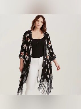 Torrid Black Torrid Floral Print Lightweight Fringe Kimono Size 1